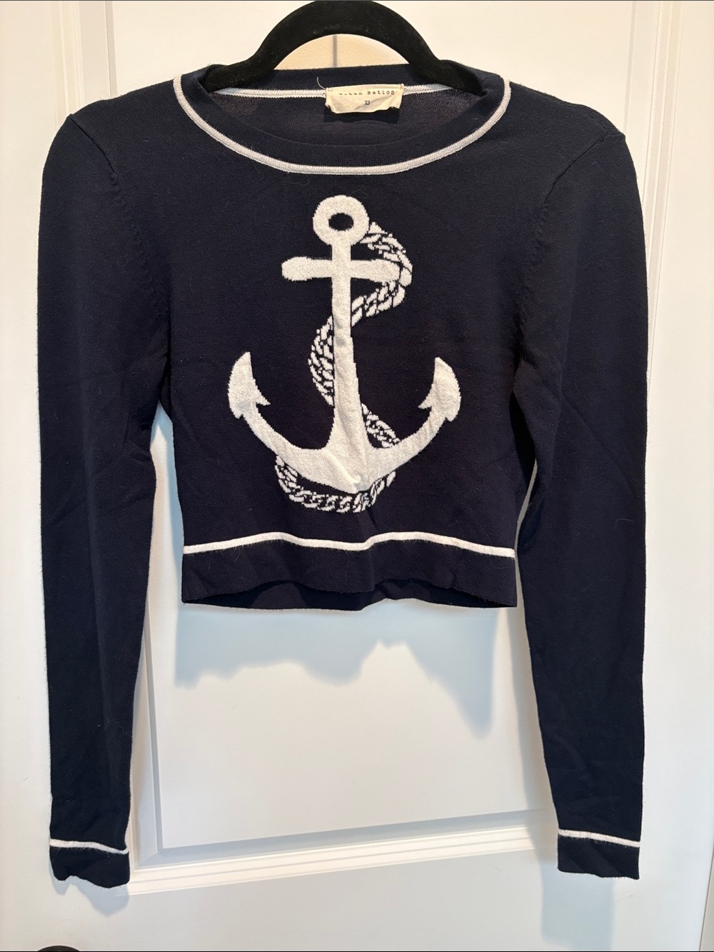 Navy Anchor Cropped Sweater Top - White Anchor Detail by Milly Peterson